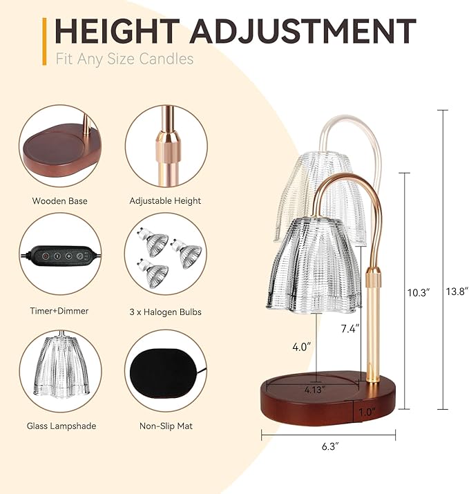 TOACSUCP Candle Warmer Lamp with 3 Bulbs, Adjustable Height Dimmable Candle Warmer with Timer, Compatible with Large Jar Candles, Candle Lamp with Charming Gift Box for Her/Him