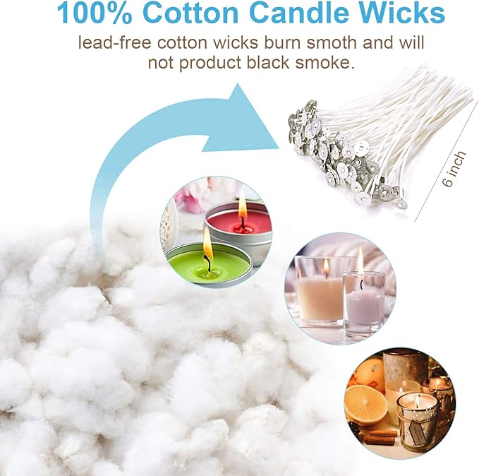 DINGPAI 100pcs Cotton Candle Wicks, 6 inches Low Smoke Pre-Waxed Wicks for Candle Making, DIY