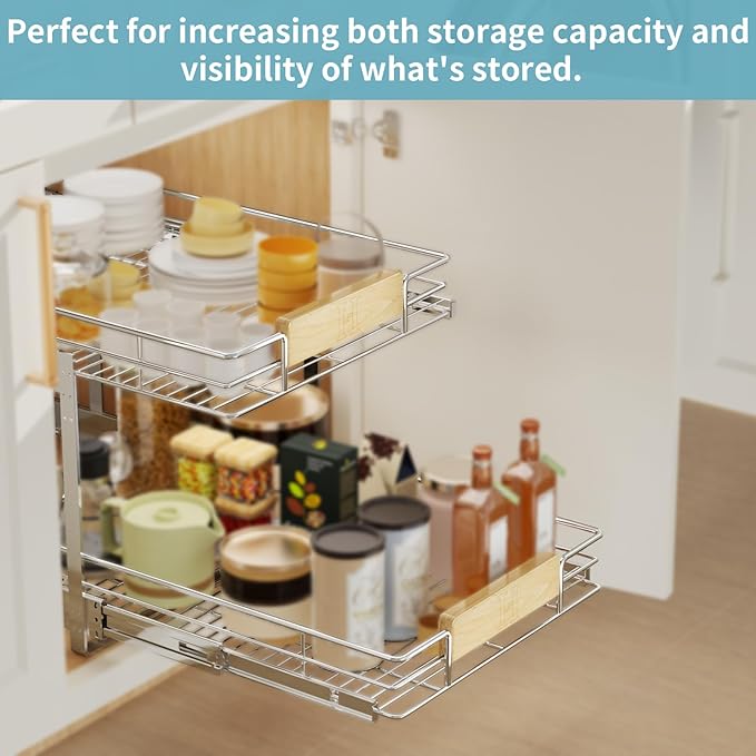 LOVMOR 2 Tier Pull Out Cabinet Organizer 13½" W x 21½" D, Slide Out Drawers with Wooden Handle, Sliding Shelves Organization and Storage for Kitchen, Pantry