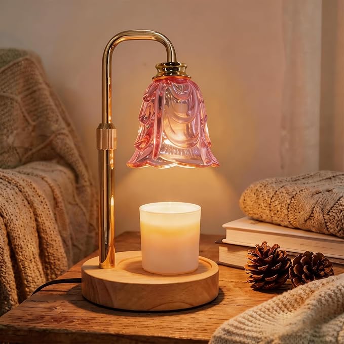 Candle Warmer Lamp with Timer & Dimmer, Adjustable Height Flower Candle Warmer for Jar Candles, Flameless Wax Melter with 2 Bulbs, Home Decor, Christmas, Birthday, Valentine's Gift for Women (Pink)