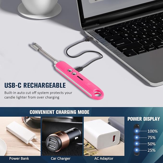 Lighters for Candle,Flameless Plasma Arc Electric Lighter USB C Rechargeable, Long Flexible Neck with Safety Switch for Birthday, Fireplace, Stocking Stuffers Gifts(Pink)