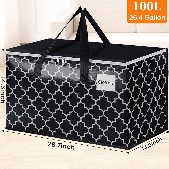 HomeHacks Heavy Duty Moving Bags with Tag Pockets, Collapsible Storage Totes for Moving, Camping & Travel -Foldable Packing Boxes, Zipper Handles, Black（2 Packs, 100L）