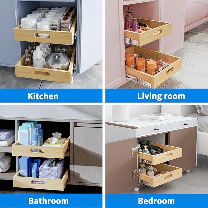 2 Set Pull Out Cabinet Organizer, Soft Close Slide Out Wood Drawer Storage Shelves for Kitchen, Base Cabinet Organization for Pantry, Finished, Heavy-Duty, Bottom Assembly (24” W x 21”