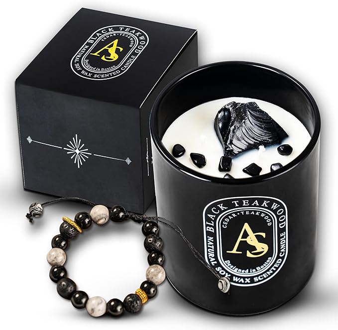 Scented Candle for Men with Luxurious Obsidian Bracelet, Teakwood for Home Scented, Hand-Poured Natural Soy Wax, Stress Relief Masculine Gift for Men, Dad, Boyrfriend, Powerful Manifestation Crystals