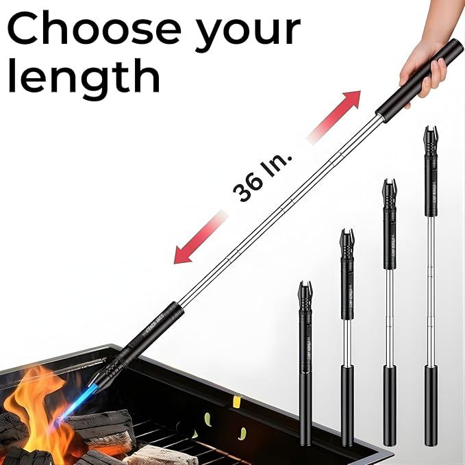 Torch Extendable 3 Feet Extra Long Flame Ignitor for Fireplace Stove Candle Lighter for Pilot Light, Grilling, Camping Firepit, Kitchen, Outdoor BBQ (Black)