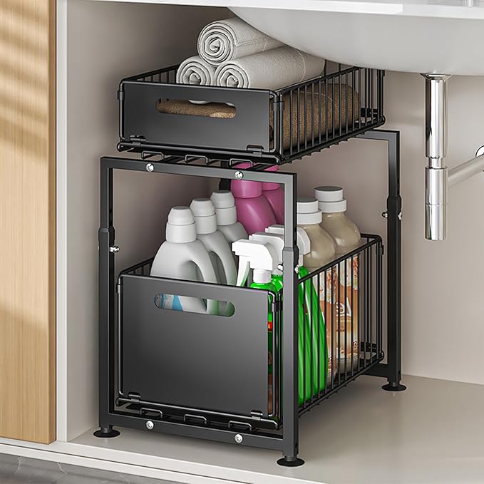 Under Sink Organizer, Pull Out Cabinet Organizer 2 Tier Slide Out Sink Shelf Cabinet Storage Shelves, Under Sink Storage for Kitchen Bathroom Cabinet, Black, 1 Pack