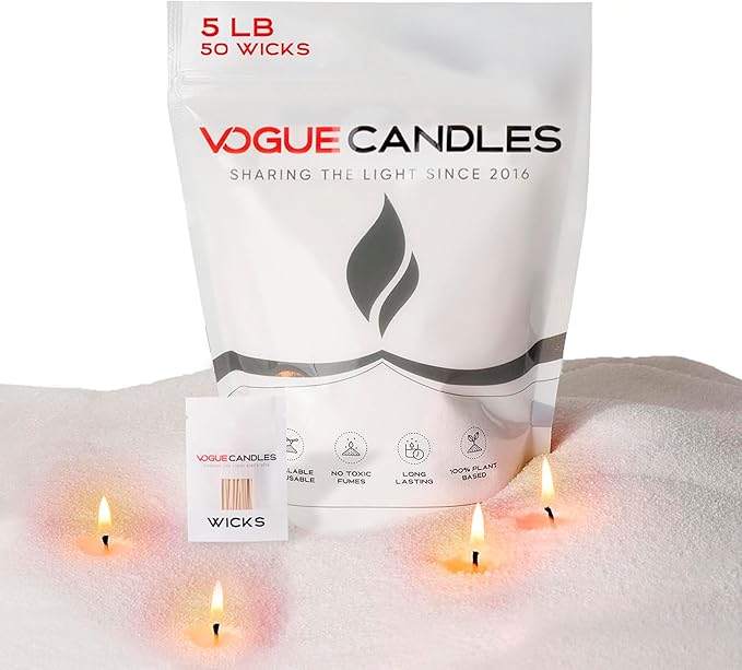 Vogue Candles White Pearled Candle Sand Wax (5 LB) – Mother’s Day Candle Kit with 50 Cotton Wicks for DIY Home Lighting – Plant-Based & Reusable Wax Granules Refill for Clean Burning & Custom Vessels