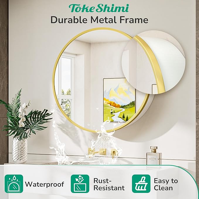 TokeShimi 24x24 Gold Round Medicine Cabinet with Mirror, Round White Medicine Cabinet with Detachable Shelves, Shatterproof, Surface Mount Only