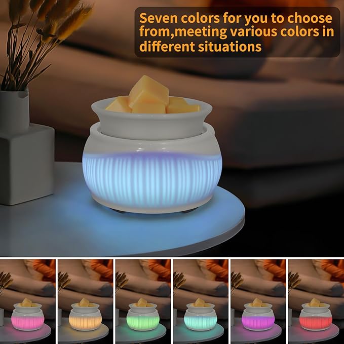 Ceramic Wax Melt Warmer for Scented Wax Warmer with 7 Colors LED Ambiance Light 3-in-1 Electric Fragrance Candle Burner for Home Office Deco Birthday Gifts for Women Girl Mom Daughter (White-02)