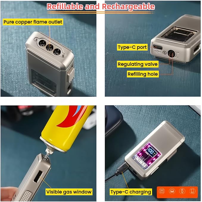 Smart Butane Torch Lighter - 4 Ignition Modes, Refillable and Rechargeable Lighters, Windproof Triple Flames with LED Battery Level and Ignition Count Display (Without Fuel) (Silver)