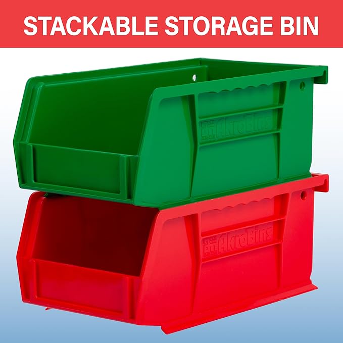 Akro-Mils 30220 AkroBins Plastic Storage Bins, Space-Saving Stackable Bins for Garage, Pantry, Craft Organization, 7" x 4" x 3", Red, 24-Pack