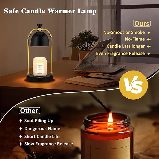 Hong-in Candle Warmer Lamp - with Timer & Dimmable, Cozy Birthday Gift for Women Mom, Modern Home Decor House Warming Gifts Wax Melt Warmer for Jar Candles with 2 Bulbs (Black)