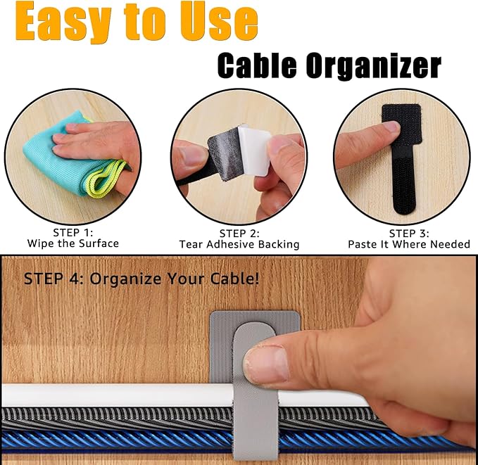80PCS Hook and Loop Cable Straps, Cable Management Under Desk, Adhesive Cable Ties, Reusable Wire Organizers for Cords, Cords Management, Computer Accessories for Desk, Home Office Essentials, Black