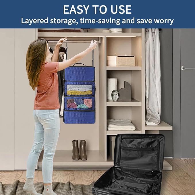Suitcase Organizer, Hanging Packing Cubes & Portable Hanging Shelves - Collapsible Travel Organizer for Carry-on (Navy Blue, Small)
