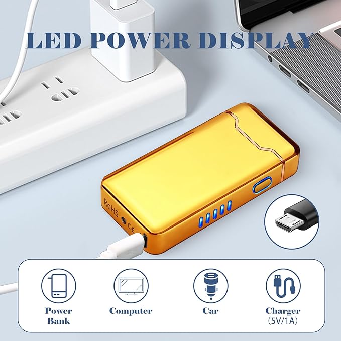 BABOBIU USB Lighter Electric Lighters Rechargeable Arc Lighters with LED Light Power Display Windproof Lighter for Men Boyfriend Husband Candle Incense Stick Outdoor (Glossy Gold)