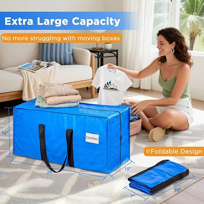 Extra Large Moving Bags Heavy Duty Storage Bags with Zipper Handles, BETU 6 Pack Clothes Storage Totes Bins Packing Moving Boxes, Moving Supplies for College Dorm Essentials, Space Saving, Blue