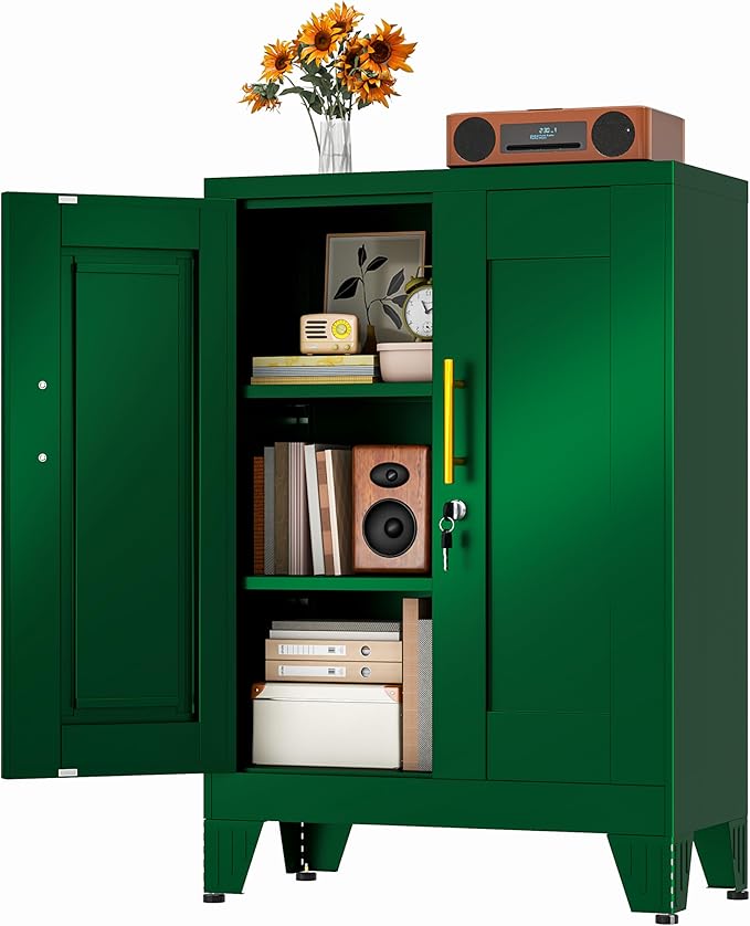 Green Metal Storage Cabinet, 36" Tall Locking Storage Cabinet with 2 Adjustable Shelves, Steel Locker Organizer, for Office, Home, School, 11.81" D x 23.62" W x 35.83" H