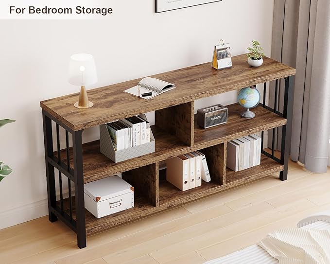 IBF 55” Bookshelf, 3 Tier Open Book Shelf, Wood Metal 5 Cube Storage Organizer, Modern Low Horizontal Bookshelf for Bedroom Living, Long Wide Office Cubby Bookcase with Storage, Rustic Brown, 55 in