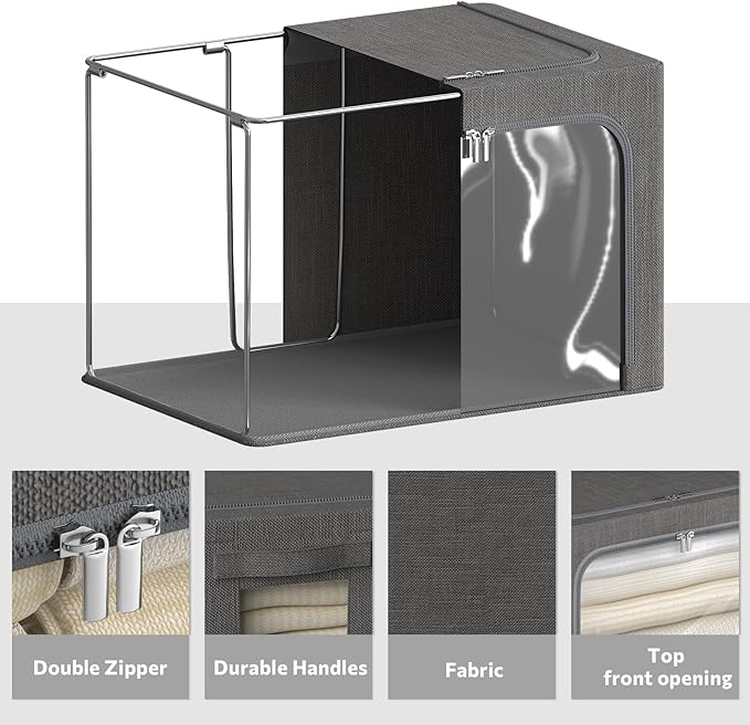 CYhom 4 Pack Clothes Storage Bins with Metal Frame - Linen Fabric Foldable Stackable Container Organizer Set with Clear Window & Carry Handles & Zippers (Dark Gray, 23.6"x16.5"x15.7")