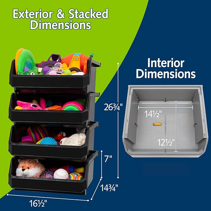 Extra Large Plastic Storage Bins, Stackable Organizer Containers for Closet Pantry Shelf Garage and Office Organization, Black, 4 Pack