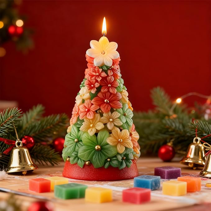 3D Christmas Tree Silicone Candle Soap Epoxy Resin Wax Mold Silicone Shapes Christmas Trees Mold for Candle Resin Soap Craft Cake Chocolate Making Kit Christmas Gift (Flower Christmas Tree)