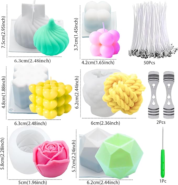Silicone Candle Molds Big Set for Candle Making With Wicks, 6Pcs 3D Resin Mold for Wax Candle Soap DIY Scented Candle, White