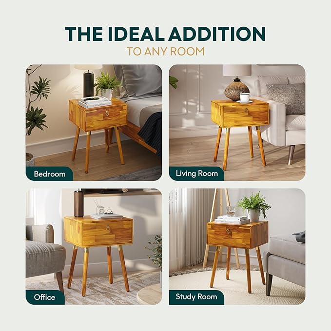 Bme Alden Solid Wood Nightstand/Side Table/End Table, Fully Assembled, with 1-Drawer for Mid Century Bedroom and Living Room, (12mm), Caramel