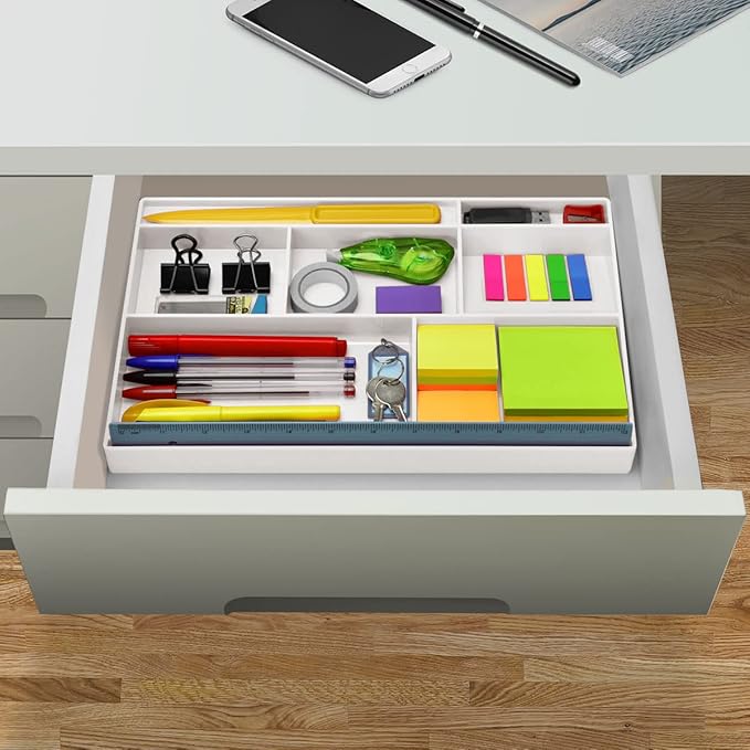 Acrimet Desk Drawer Organizer Tray with 8 compartments Bin Multi-Purpose for Desk Supplies and Accessories (Plastic) (White Color)