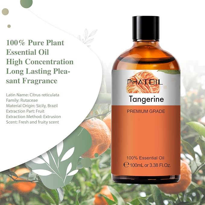PHATOIL 3.38FL.OZ Tangerine Essential Oil, for Aromatherapy Diffusers, Humidifiers, Great for DIY Candle and Soap Making, Huge 100ML Bottle