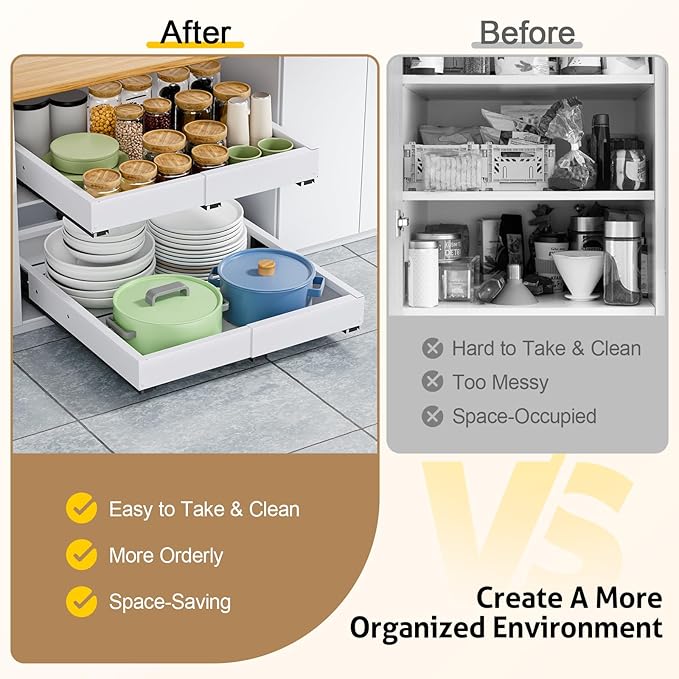 2 Pack Pull Out Cabinet Organizer, Expandable Width (11.4"-18.9") Depth (16.3"-21.7") Pull out Drawers for Cabinets with 3 Rails, No Drill Adhesive Film or Nail Slide out Drawers for Kitchen, Pantry