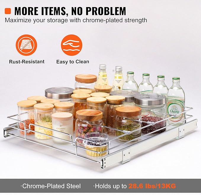 VEVOR 15.5" Wx21 Dx3.5 H Pull Out Cabinet Organizer, Heavy Duty Slide Out Pantry Shelves, Chrome-Plated Steel Roll Out Drawers, Storage for Home Under Sink, 17" Wx22 Dx7 H Install Size for Cabinet
