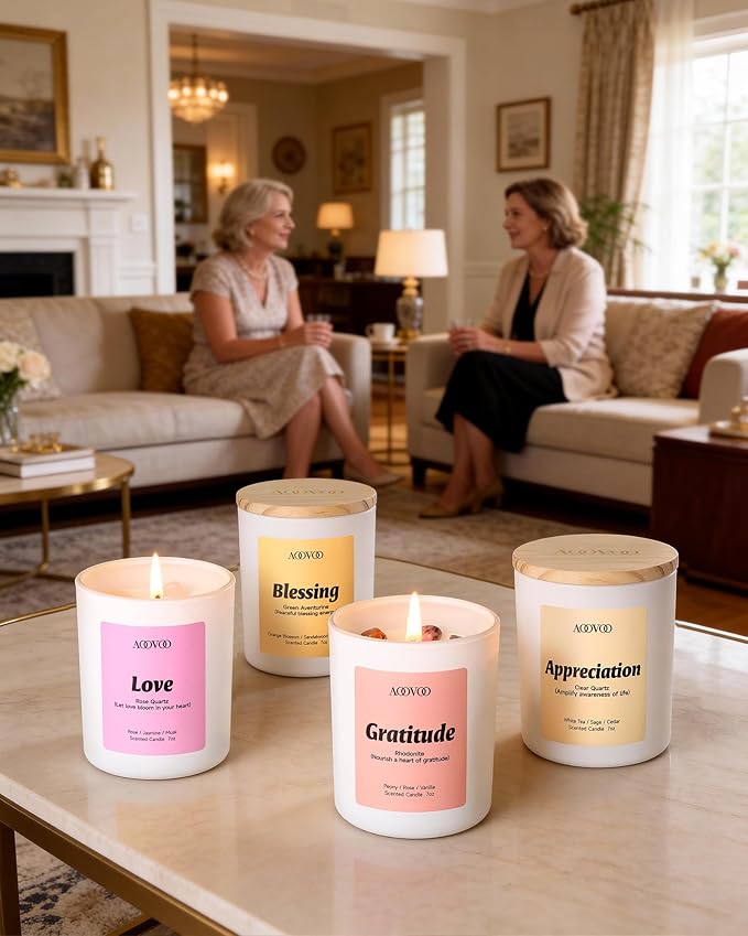 AOOVOO Mom Candles Set for Women - 4 Pack Candles for Home Scented, 28 oz 200h, Aromatherapy Candle with Crystals, Gratitude Rhodonite/Appreciation Clear Quartz/Blessing Aventurine/Love Rose Quartz
