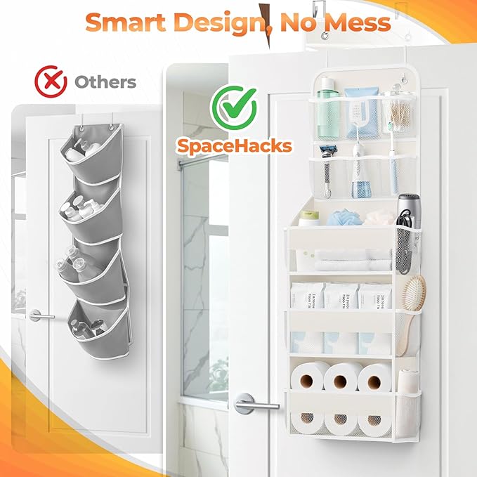 5-Tier Over the Door Organizer with Mesh Pockets, Baby Nursery Storage for Closet, Bathroom and Bedroom, Adjustable Hanging Closet Organizer for Cosmetics, Books and Essentials (Beige)