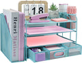 Desk Organizers and Accessories with File Holder, 4-Tier Paper Letter Tray Organiser with Drawer and 2 Pen Holder, Mesh Desktop Document Organizer for Office Supplies, Workspace - Blue