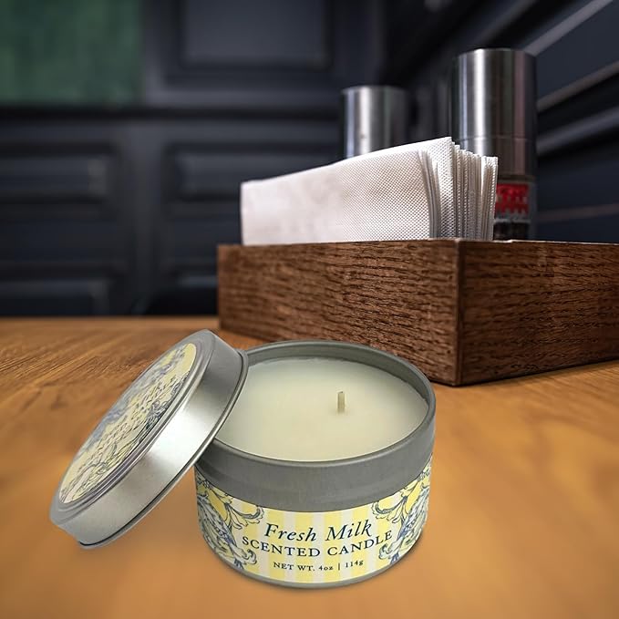 Greenwich Bay Hand-Poured Scented Candle in Decorative Tin – 4 oz/114 g Travel Candle with Lead-Free Wick, Vegetable Wax, Long-Burning Aromatherapy Gift, Single Wick – Made in USA (Fresh Milk)