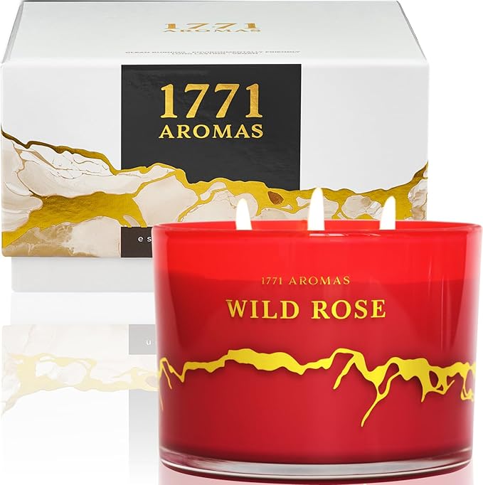 Wild Rose Scented Candles - 100% Natural Soy Wax - Large 3 Wick Jar Candle - Up to 50 Hours Burning Time - Candles for Home - Gift-Ready Candle for Men & Women - Aromatherapy