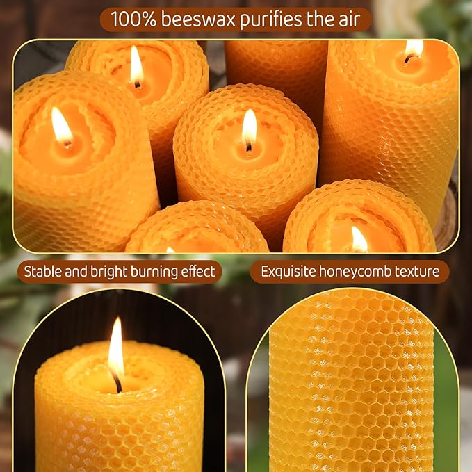 8 Packs Handmade Beeswax Candles, 360 Hours Beeswax Pillar Candles Handcrafted Honeycomb Bees Wax Candle for Home, Prayer, Unscented Candles (2.8x6 in)