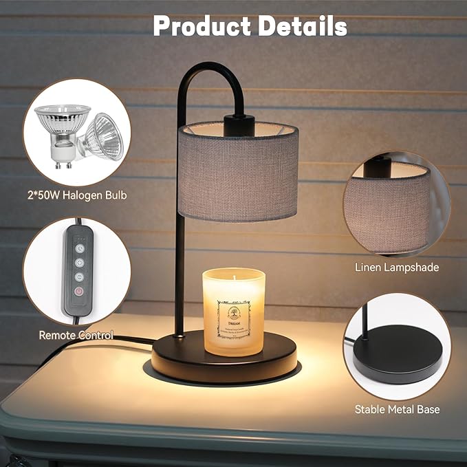 FINCMY Candle Warmer Lamp with Timer, Dimmable Candle Wax Warmer Electric Candle Lamp for Scented Candles with 2 Bulbs, House Warming Gifts Birthday Gifts for Women Bedroom Home Decor - Gray