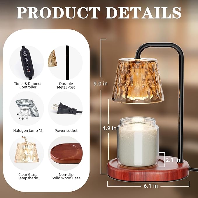 Candle Warmer Lamp Burner for Soy Jar Candles with Timer &Dimmer, Wax Candle Melts Warmer Light for Home Room Decor, Modern Candle Heater with Glass Lampshade for Scented Wax (Black)