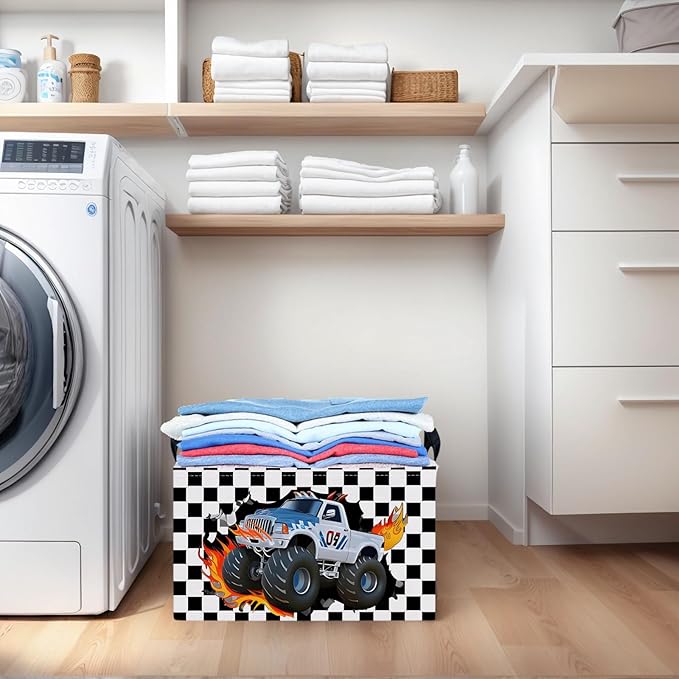 Racing Car Storage Basket Monster Truck Toy Book Shelf Basket Kid Room Decor Gift (Black and White Checkered)