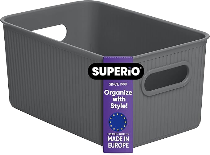 Superio Ribbed Collection - Decorative Plastic Basket Open Home Storage Bins Organizer, Medium Grey (1 Pack) Container Boxes for Organizing Closet Storage Bins for Shelves Drawer Shelf 5 Liter