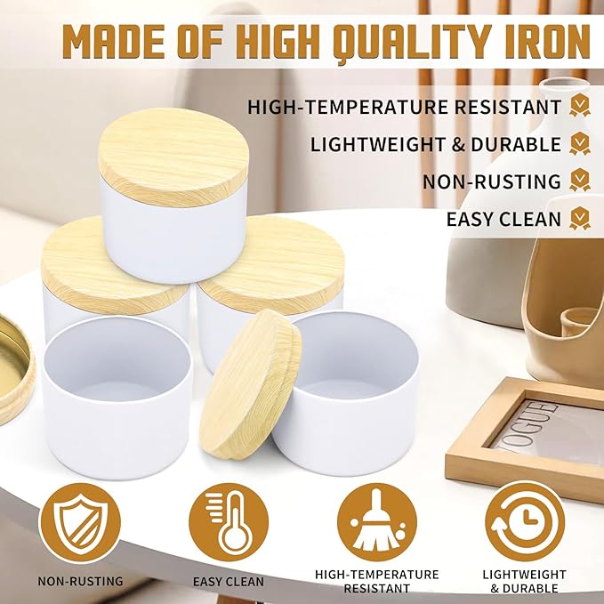 12-Pack Candle Jars, 4oz Candle Tins with Metal Wood-Grain Printing Lids, Empty Metal Candle Jars for Making Candles Bulk Candle Containers - White