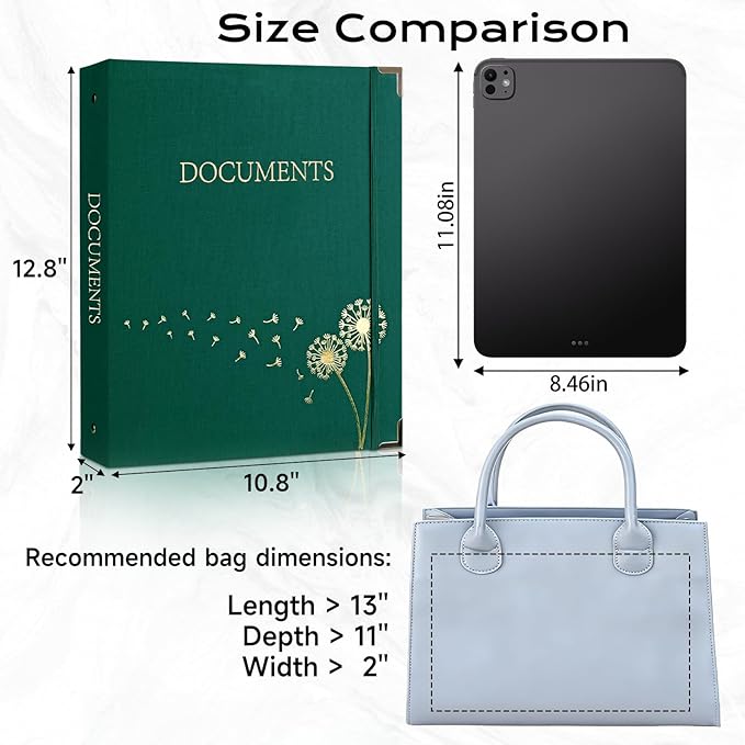 XKDOUS Important Document Organizer Folio Folders with 9 Pockets 3 Ring Linen Binder Organizer Expanding Storage Documents Holder with 9 Pockets and Labels for Papers, Files