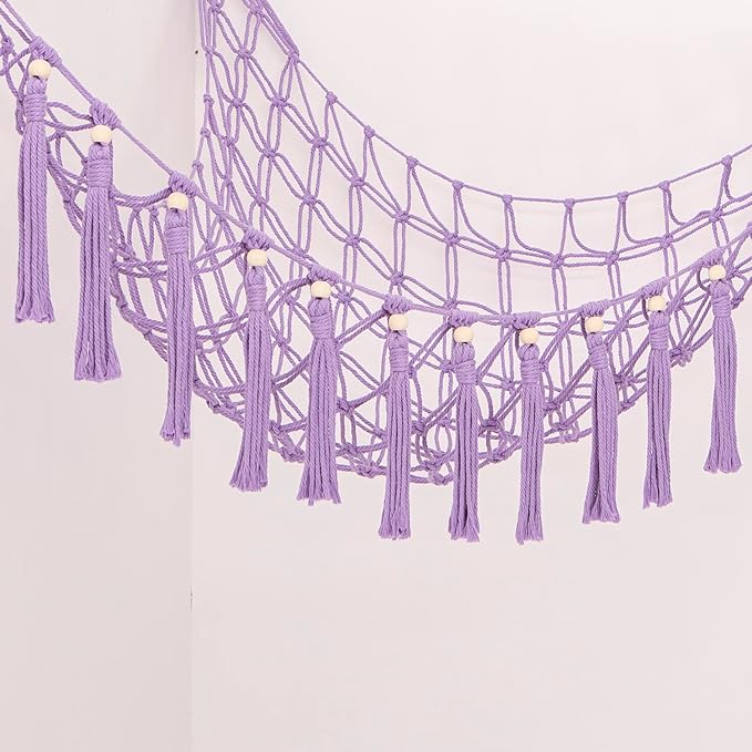 YKBU Stuffed Animals Hammock Corner Hanging Net with Wooden Beads Macrame Stuffed Animal Storage Ideas Plush Holder Toy Organizer for Boho Nursery Playroom Bedroom Kids Room Decor (purple, X-Large)