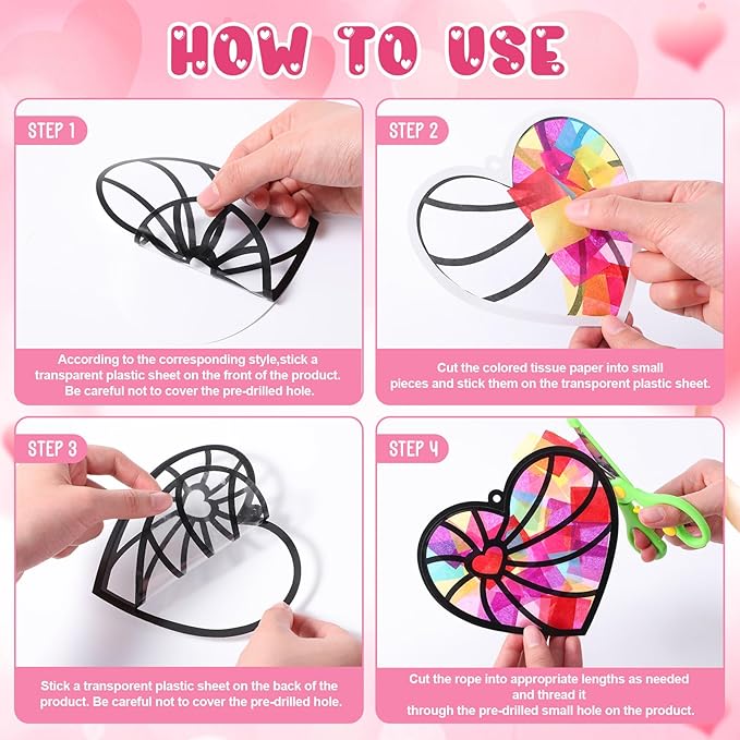 Tinlade 48 Set Valentine's Day Suncatchers Crafts Kit Valentines Heart DIY Window Stained Glass Tissue Paper Red Love Hanging Ornaments Make Your Own Suncatcher Summer Home School Classroom Activities