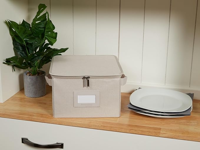 Covermates Dish Storage Box – China & Dinner Plate Storage Container with Dual Zippers, Reinforced Handles, ID Window & Stackable Structured Walls for Dishware Organization, Beige Heather