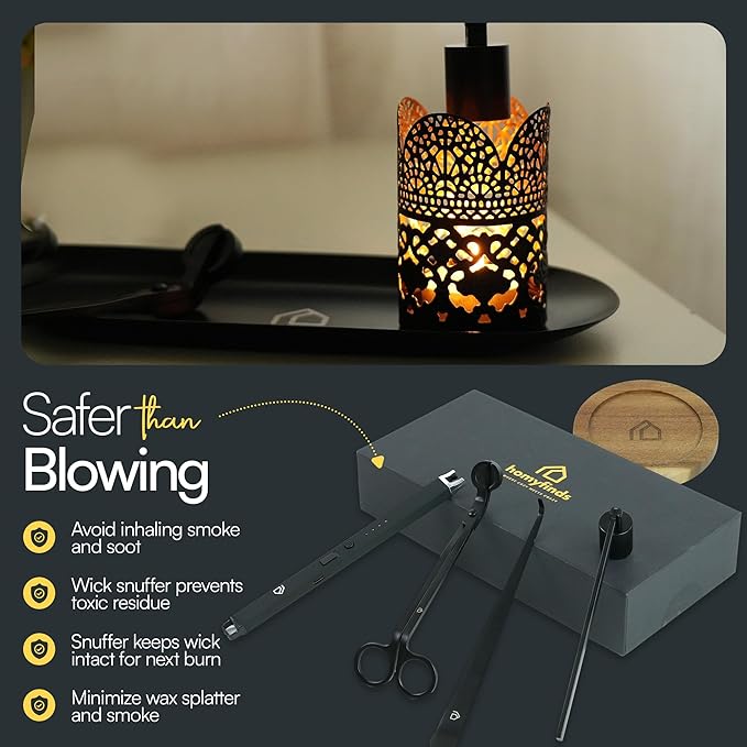 Candle Accessory Set 5 in 1 Candle Care Kit with Candle Wick Trimmer, Wick Dipper, Candle Snuffer, Rechargeable Candle Lighter & Metal Tray - Luxury Gift Box for Candle Lovers (Matte Black)