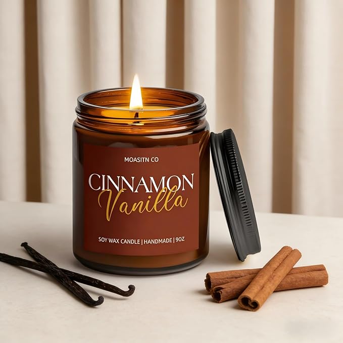 Cinnamon Vanilla Candle for Home Scented| Organic Soy Non Toxic Candles| Long Clean Burning Aromatheraphy Jar Candel for Women Men for Autumn,Winter, Halloween,Thanksgiving,Relaxing| 9oz