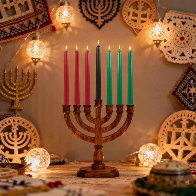 Kwanzaa Taper Candles, 3 Red,3 Green and 1 Black, 10 Inch Smokeless and Dripless Tall Candlestick, 8-8.5 Hour Long Burning time,African Holiday Mishumbaa Saba