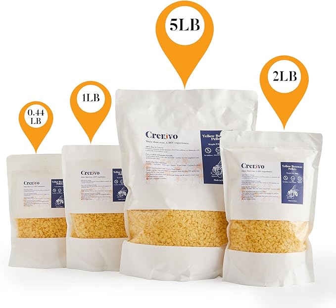 Crenovo Yellow Beeswax Pellets 1 LB, 100% Pure Natural Triple Filtered Beeswax for Candle Making, DIY Lip Balm and Skin Care, Cosmetic Grade Beeswax for Lotion, Soap, Body and Hair Care DIY Creams